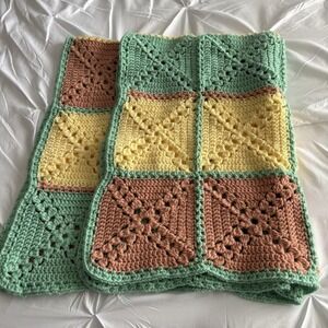 Vintage Afghan Blanket Knit Handmade Crochet Baby Throw Mint Salmon Yellow 34x40